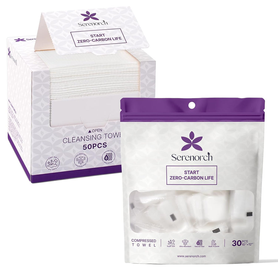 Disposable Face Towels EF Texture 50PC + Compressed Towel 30PC, Total 80PC, 10" x 12", Ultra Thick Face Towelettes for Sensitive Skin, Extra Soft Makeup Remover Dry Wipes