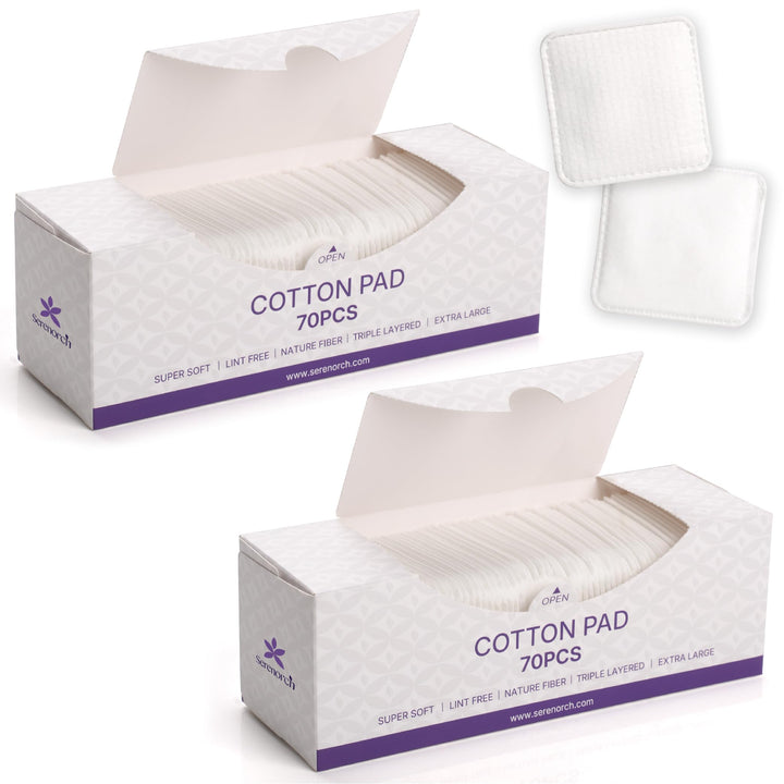 100% Cotton Pads 70PCS, 3x3 Inch Extra Large Triple-Layer Makeup Remover Pads, Soft Lint-Free Cotton Pads for Face Cleansing & Skincare