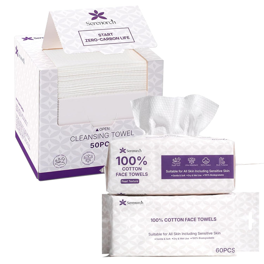 Disposable Face Towels EF Texture 50PC + 100% Cotton Hanging Tissue 120PC, Total 170PC, for Sensitive Skin, Extra Soft Makeup Remover Dry Wipes