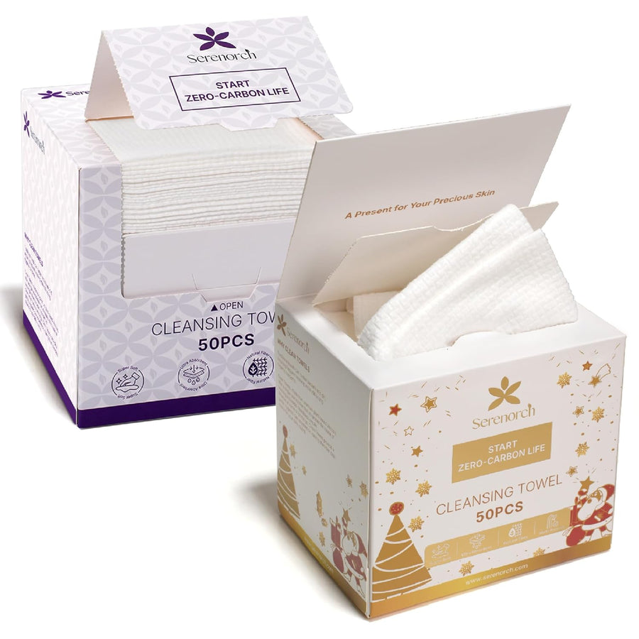 Disposable Face Towels Classic Packaging 50PC + Christmas Limited 50pc, Total 100PC, 10" x 12", Ultra Thick Face Towelettes for Sensitive Skin, Extra Soft Makeup Remover Dry Wipes