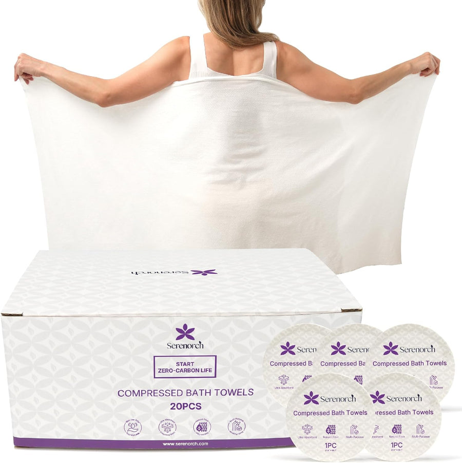 Compressed Bath Towel Tablets 20 Pack, 55" × 27.5" Extra Large Disposable Bath Towels for Travel, Camping Beach