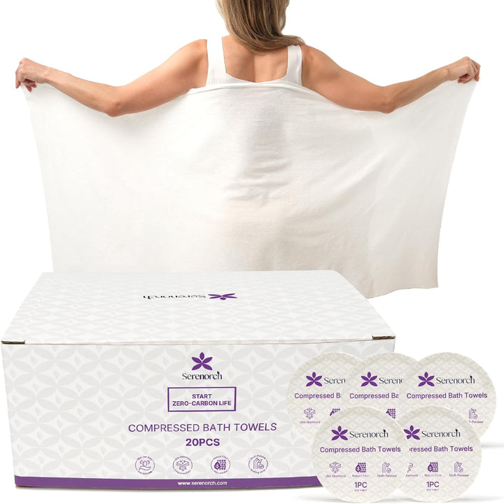 Compressed Bath Towel Tablets 20 Pack, 55" × 27.5" Extra Large Disposable Bath Towels for Travel, Camping Beach
