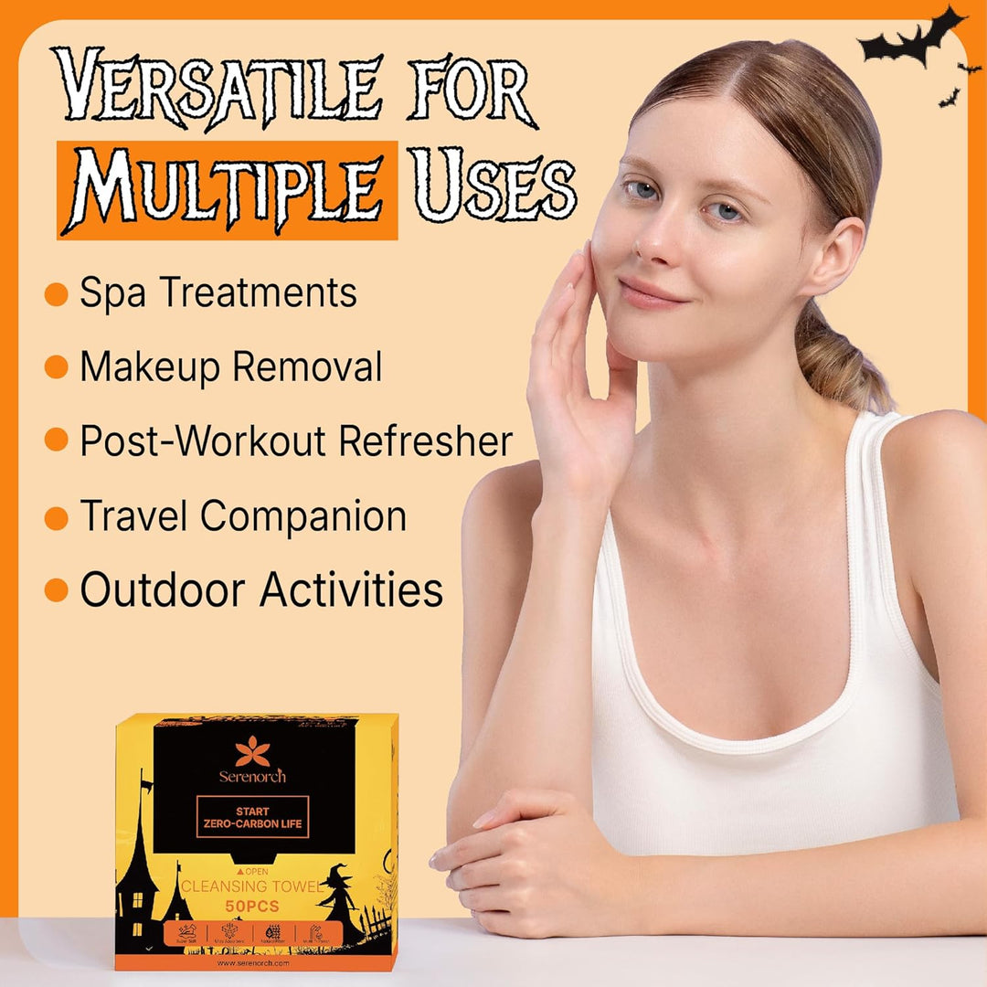 Disposable Face Towels for Halloween, 10" x 12" Halloween Gifts for Sensitive Skin, Extra Soft Makeup Remover Dry Wipes, 50 Count