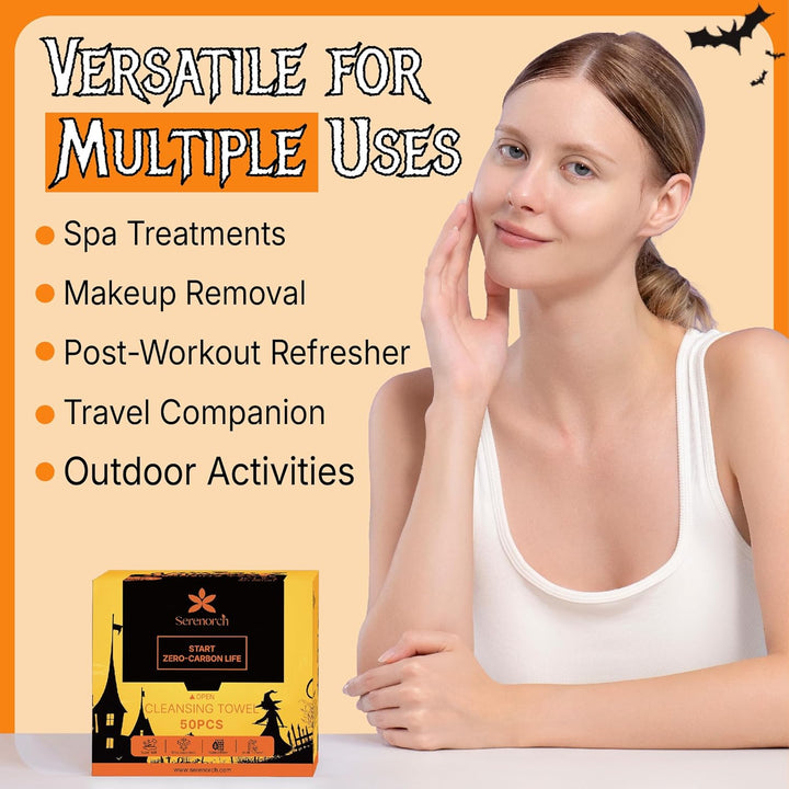 Disposable Face Towels for Halloween, 10" x 12" Halloween Gifts for Sensitive Skin, Extra Soft Makeup Remover Dry Wipes, 50 Count